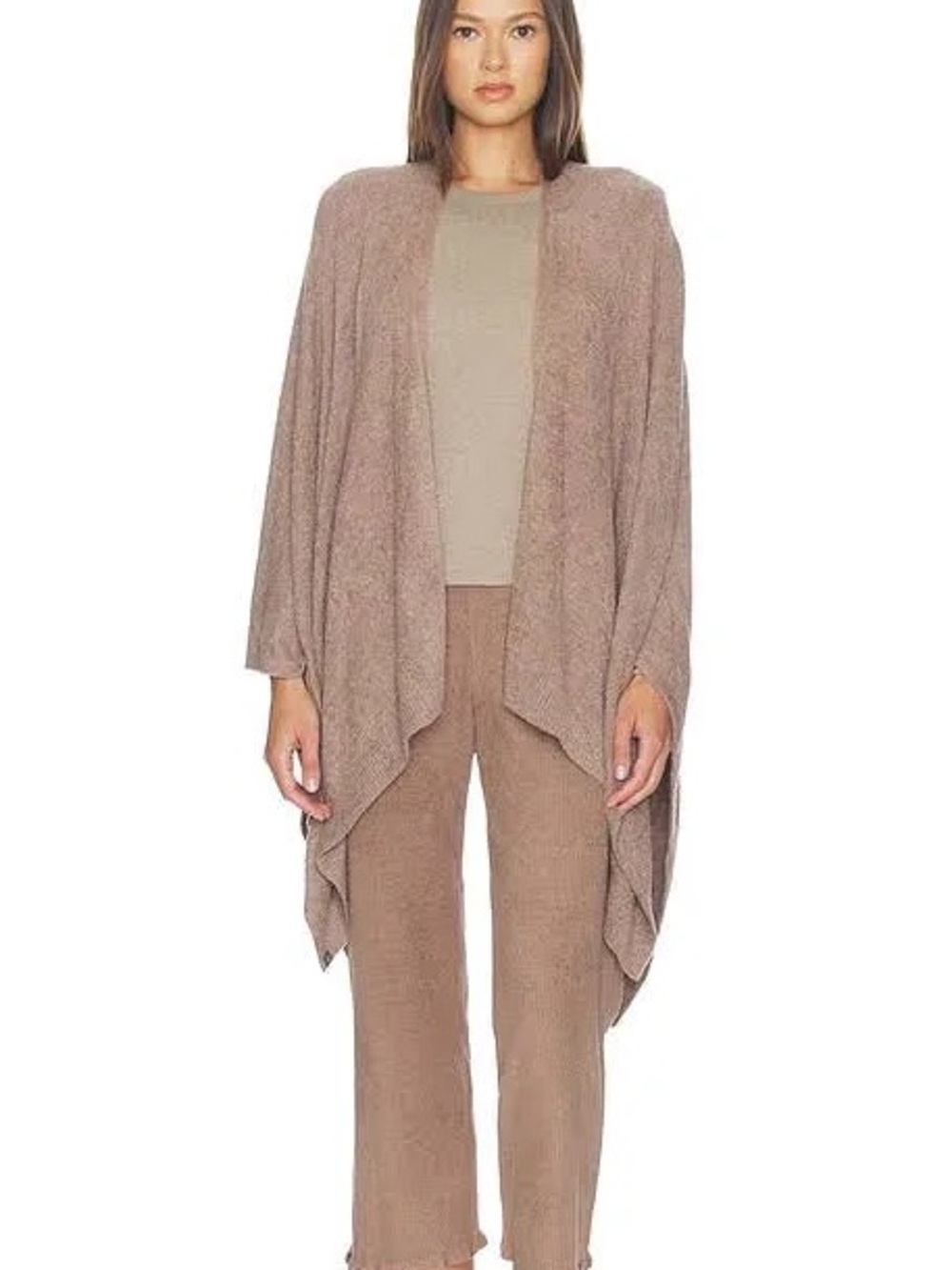 Barefoot Dreams Open-Front Draped Cardigan in Taupe